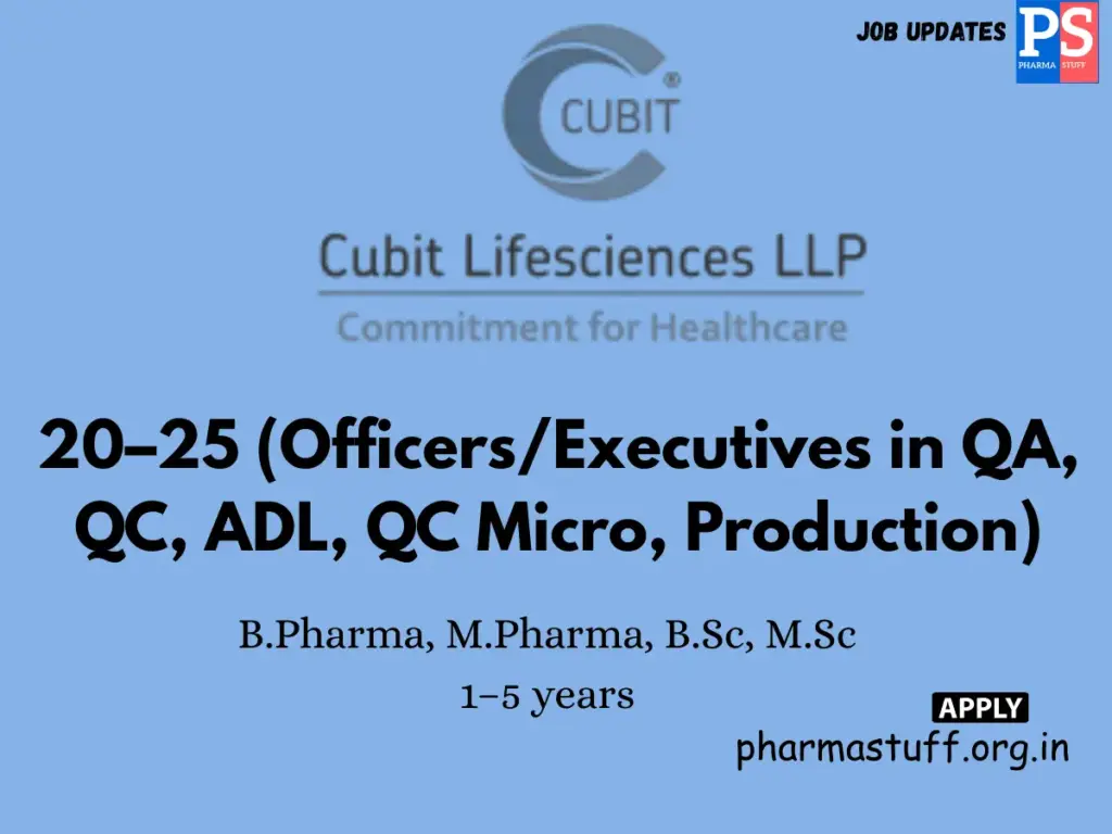 Cubit Life Sciences Walk-in Officers/Executives in QA, QC, ADL, QC Micro, Production