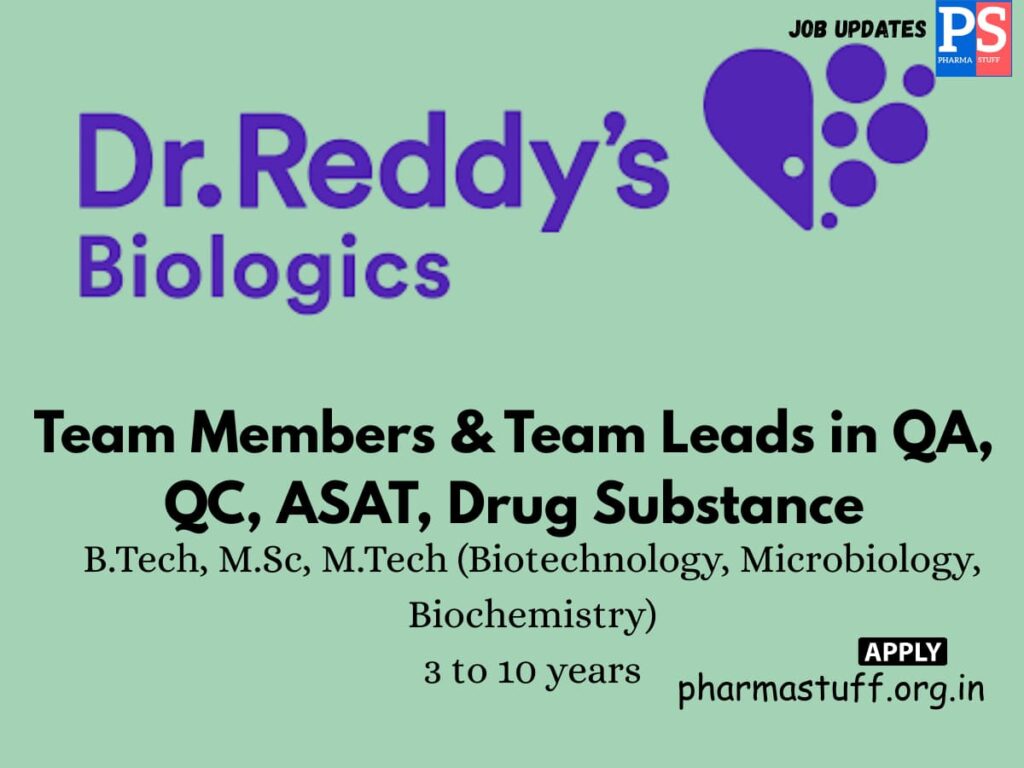 Dr. Reddy’s Biologics Walk-in QA & QC Team Members