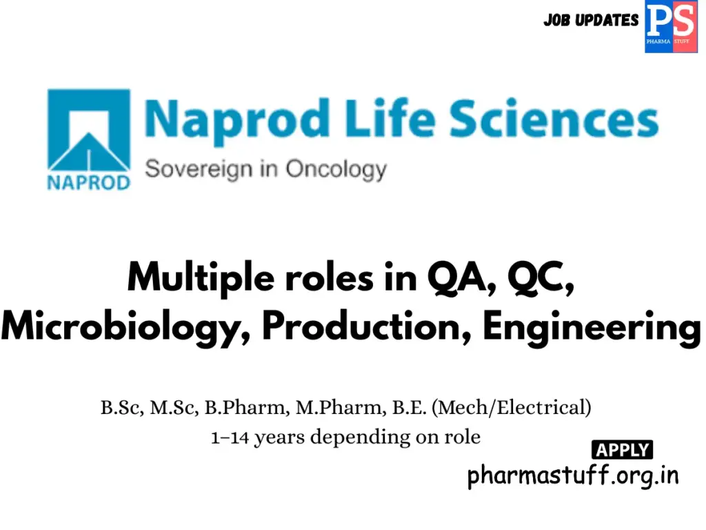 Naprod Pharma Walk-in – QA, QC, Production & Engineering
