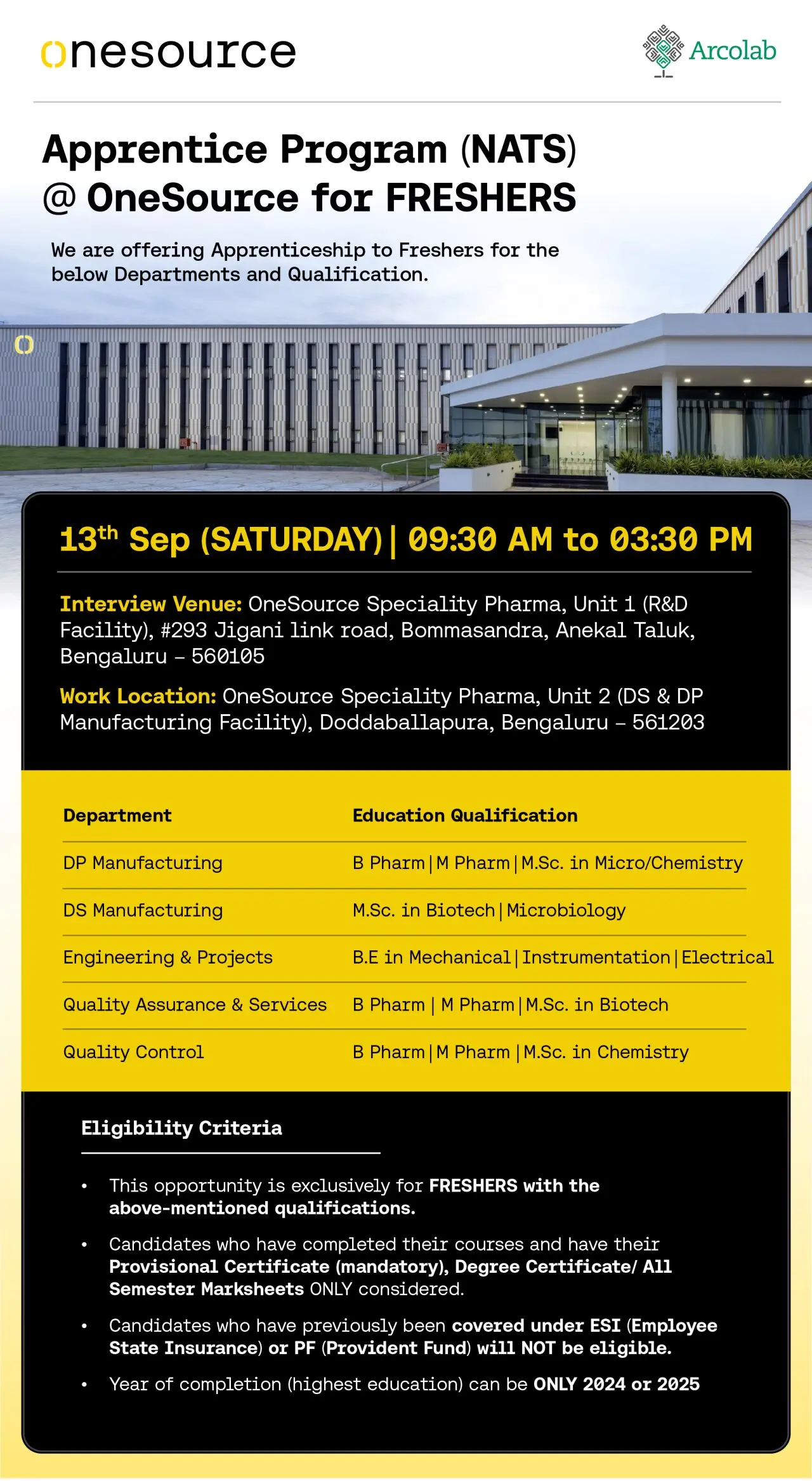 OneSource Walk-in Apprentice,across DP/DS Manufacturing,QA,QC,Engineering