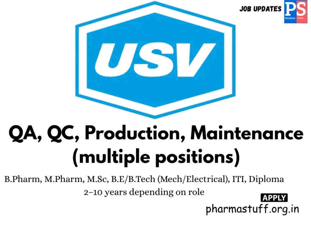USV Pharma Walk-in QA, QC, Production, Maintenance