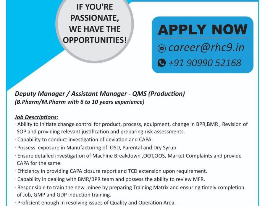 Microbiology & Production QMS Job vacancies for Bsc, Msc, B pharmacy and M pharmacy Candidates