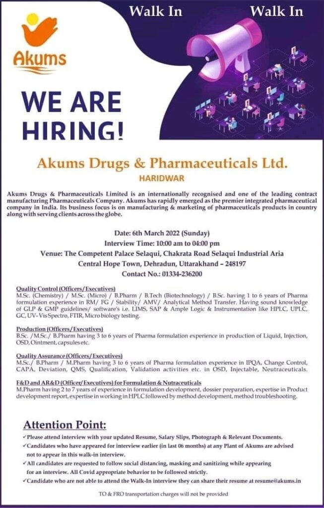 akums drugs pharmaceuticals walk qc qa production fd and ard