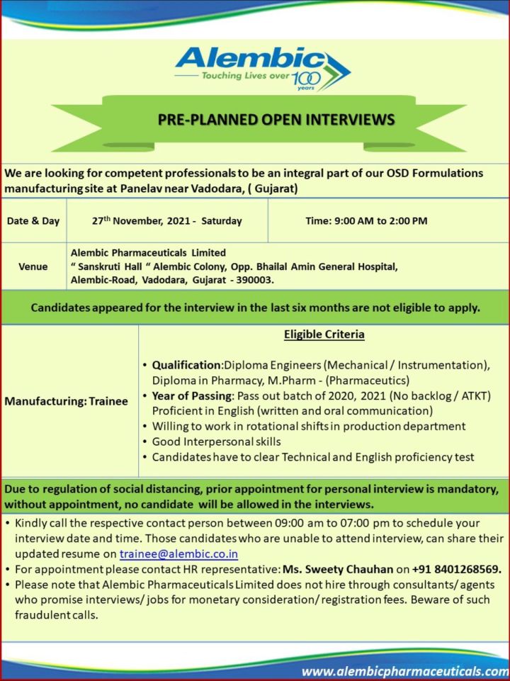 alembic pre planned walk in interview for fresher candidates