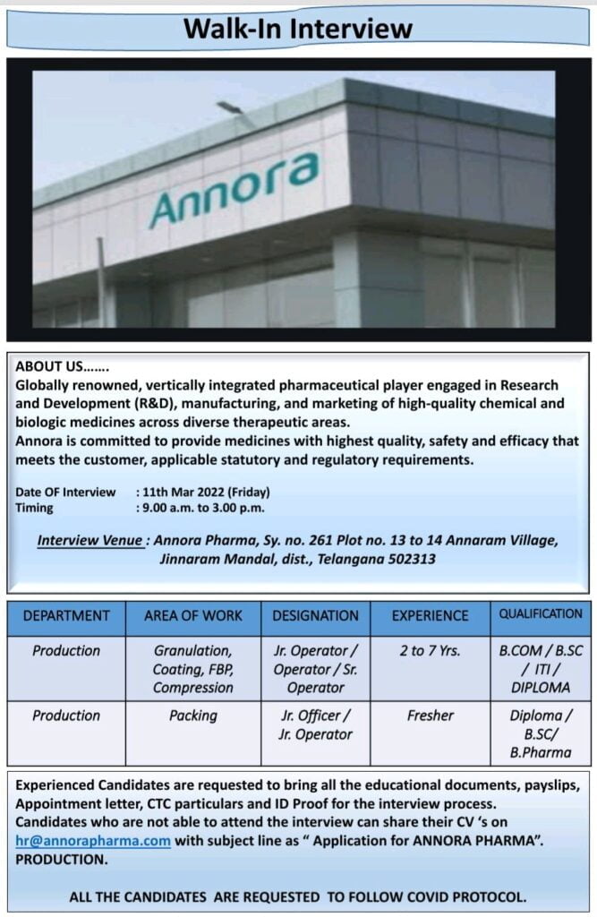 annora pharma jobs walk in for fresher experience b pharm bsc iti diploma candidates