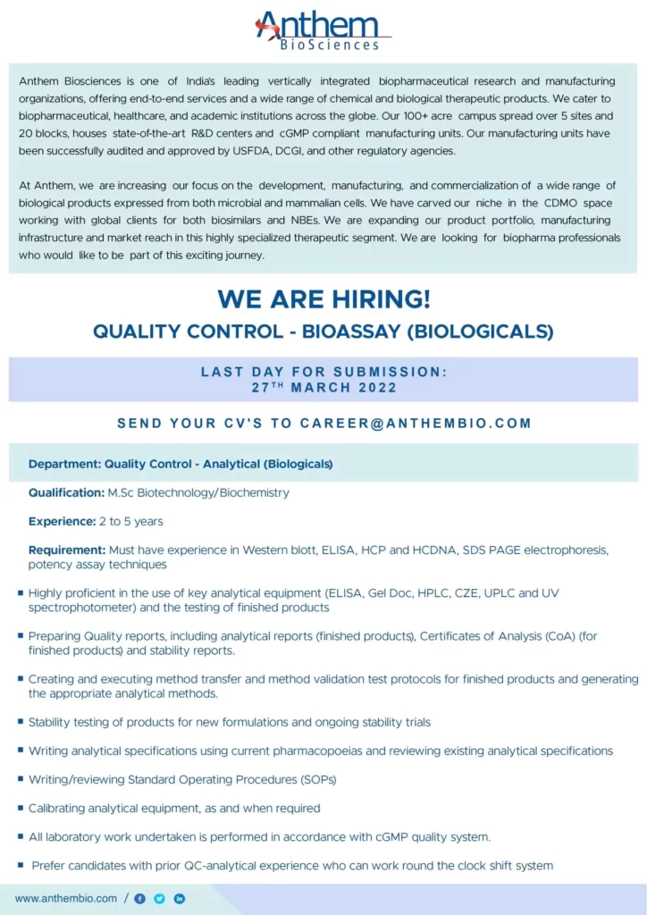 anthem biosciences quality control analytical biologicals openings