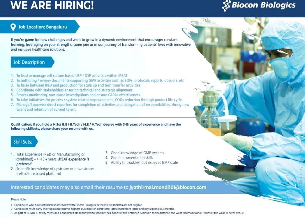 biocon biologics Bangalore biotech jobs