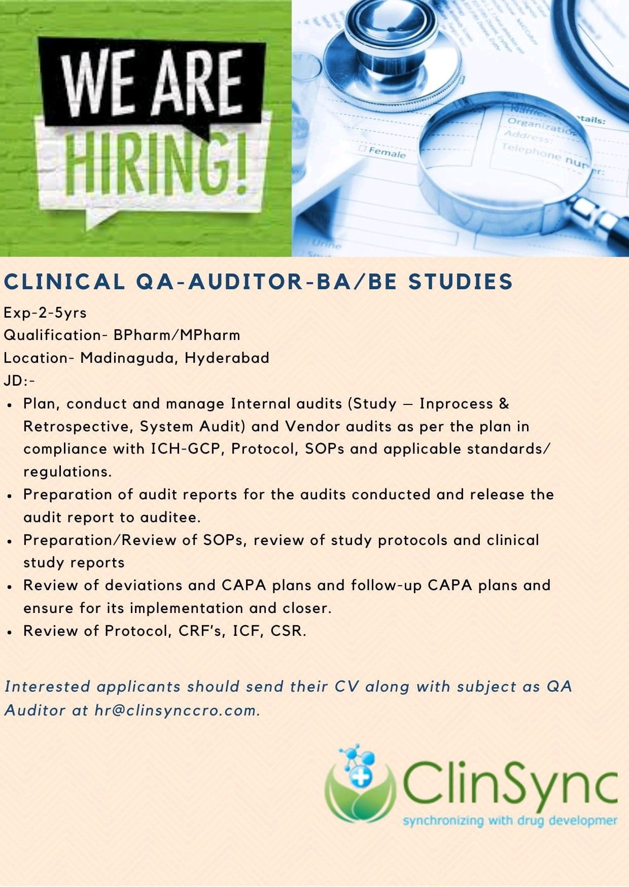 clinical qa auditor job openings at hyderabad for b pharm m pharmacy candidates 2022
