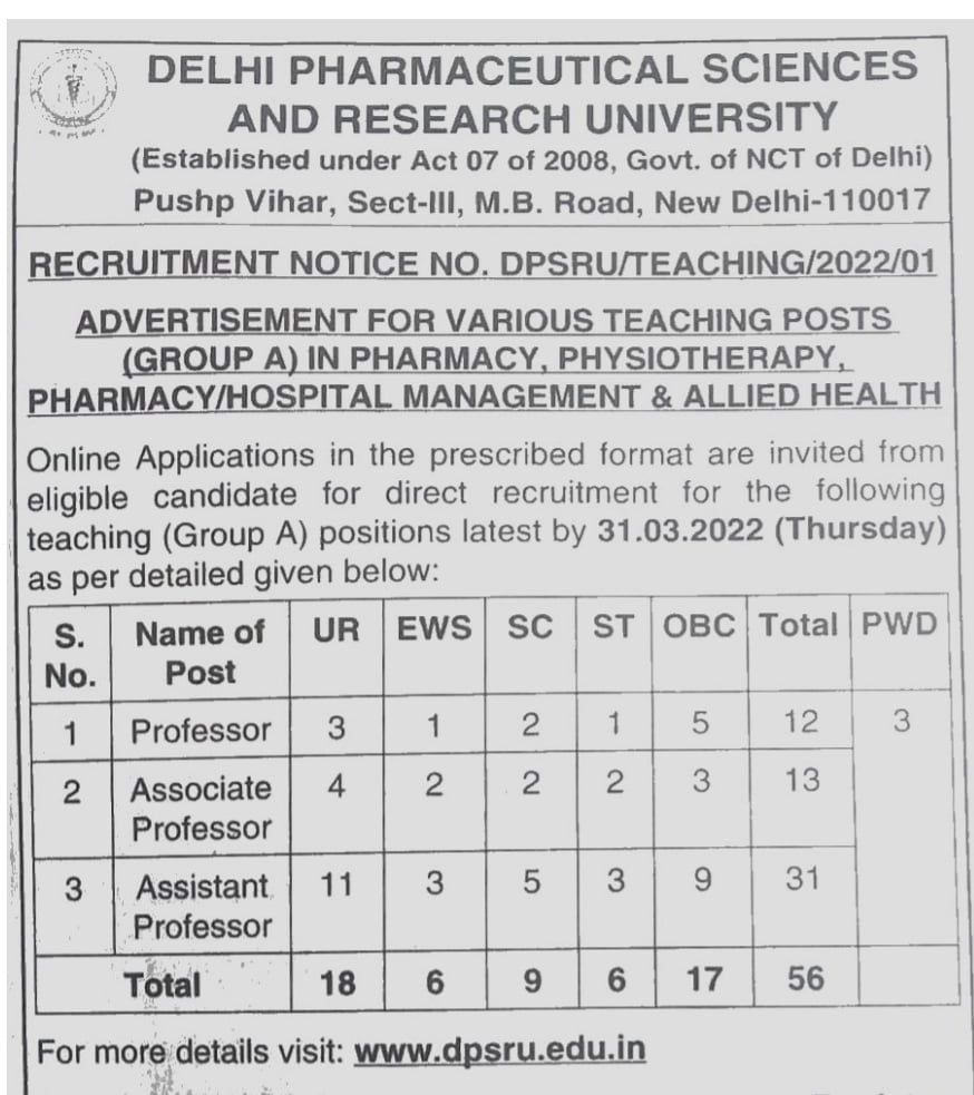 delhi pharmaceutical sciences research university faculty recruitment notification 2022