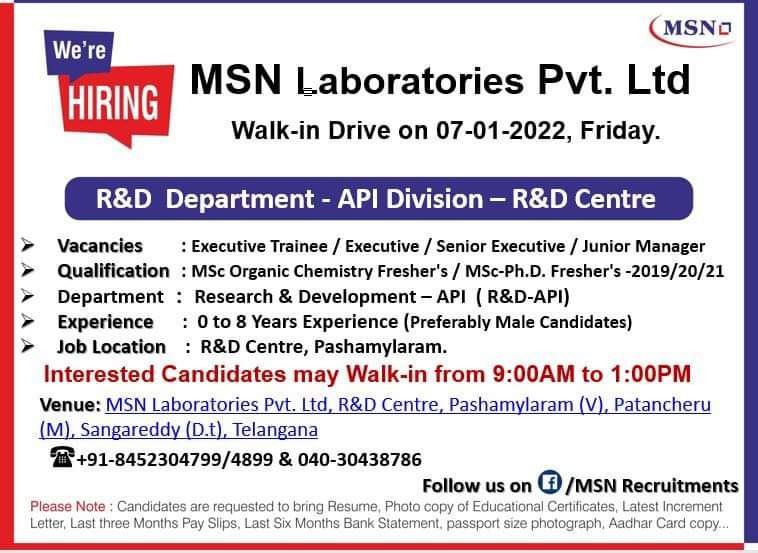 R&D Fresher & Experience Job vacancies in Hyderabad by MSN Laboratories