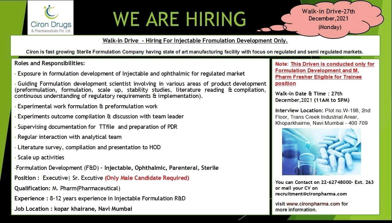 Formulation Development Fresher and Experienced Job openings by ciron drugs