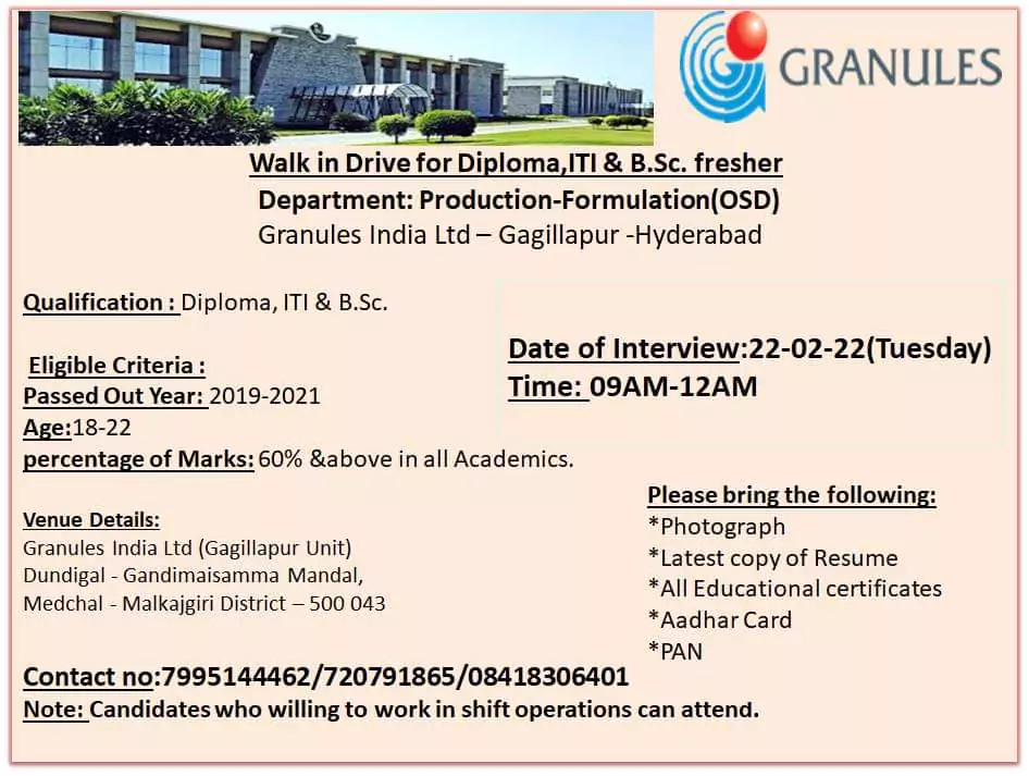 granules india walk in drive for diploma iti bsc fresher production formulation osd department