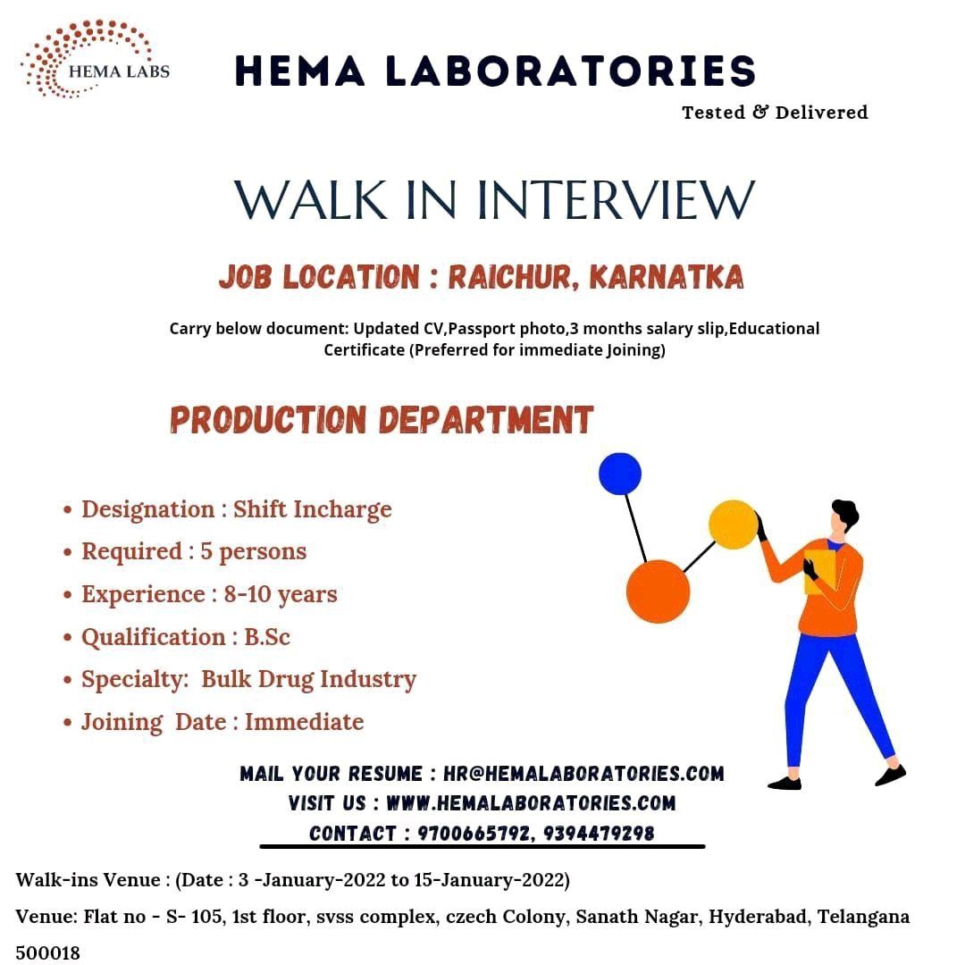 Hema Laboratories Production Fresher Pharma Jobs 2022