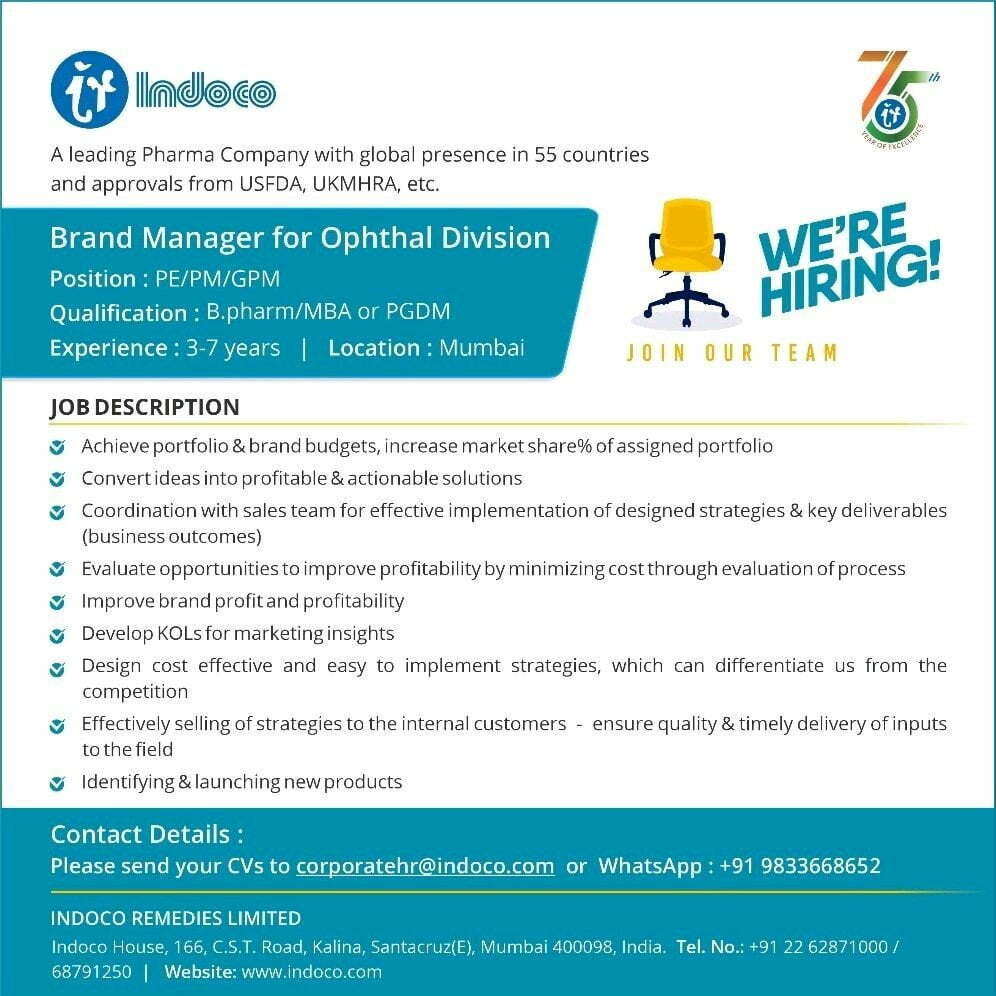 Indoco Remedies - Hiring B Pharmacy, MBA Candidates - Brand Manager for Ophthal Division