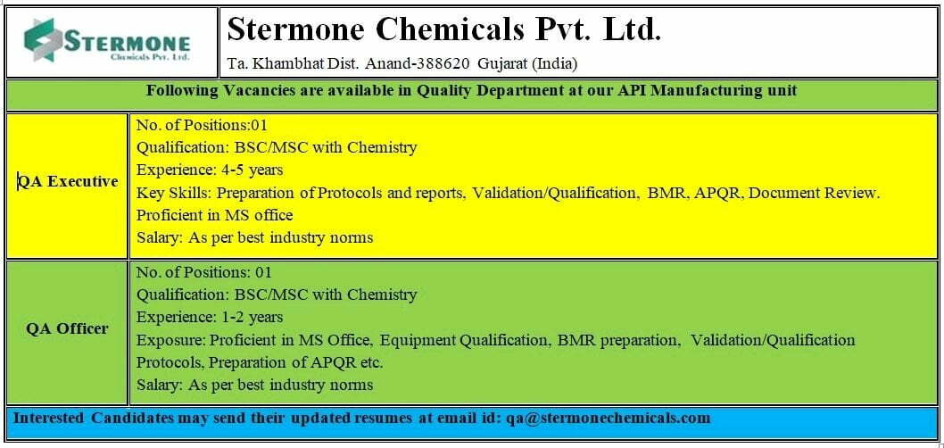 Quality Assurance Executive & Officers Level Job openings for Bsc, Msc Candidates at stermone Chemicals