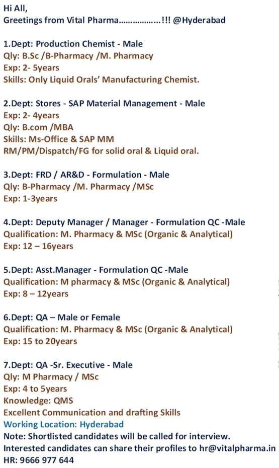 Vital Pharma multiple Pharma Job vacancies in Hyderabad, QA, QC, AR&D, FR&D, Production & Store Departments