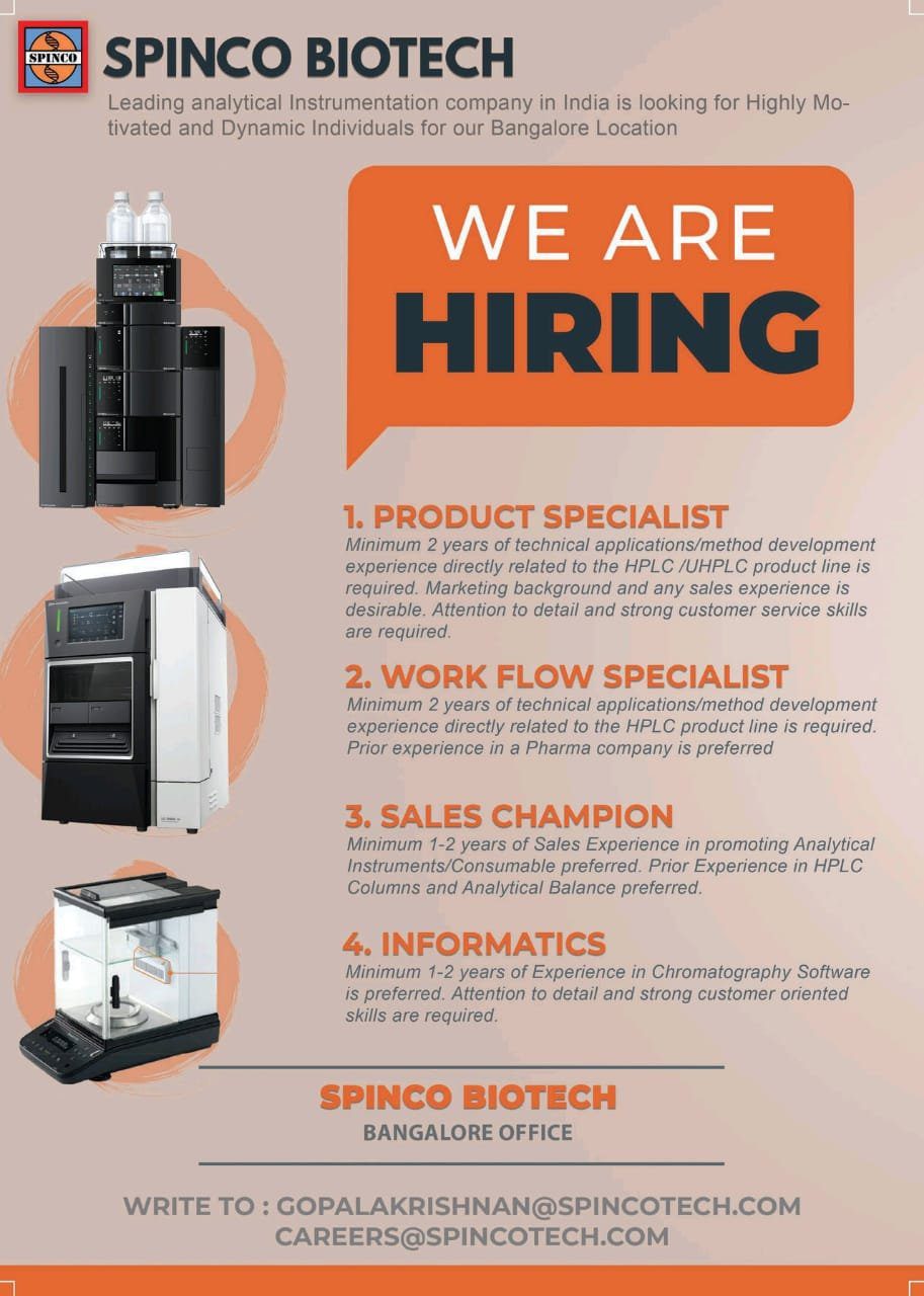 Spinco Biotech Hiring Notification for HPLC Method Development Experts, Sales professionals 2022
