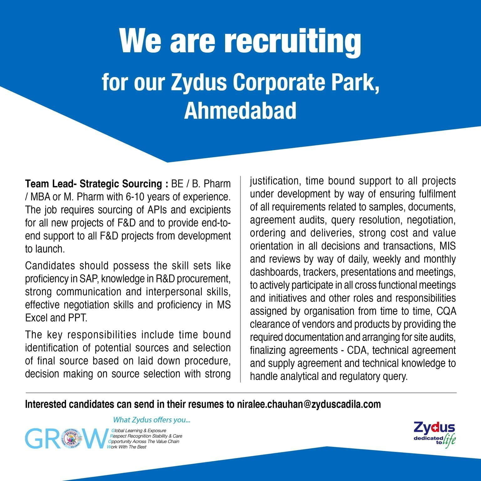 Zydus Recruitment Pharmacy Candidates for Team Lead Strategic Sourcing Role 2022