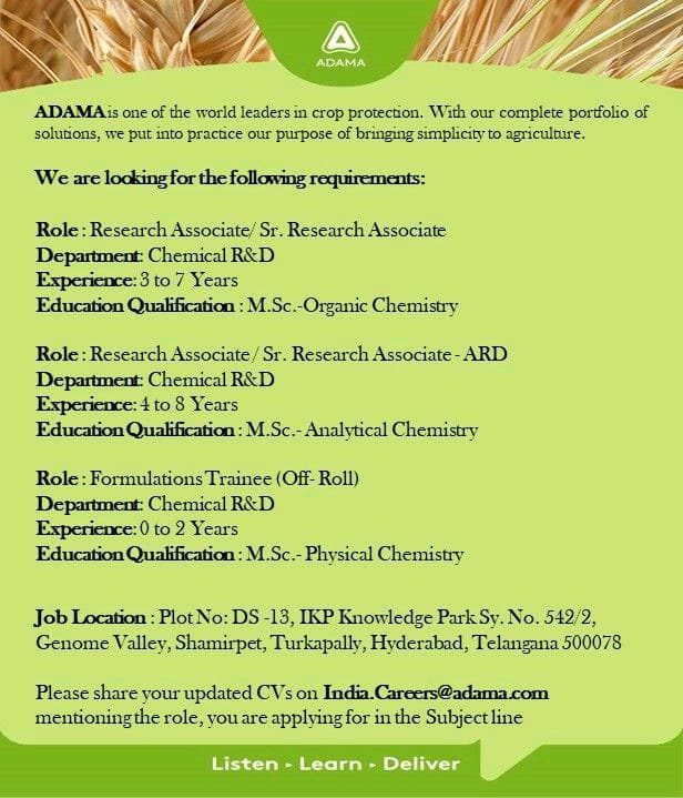 Chemical R&D, ARnD Fresher & Experience Job openings for Msc Students