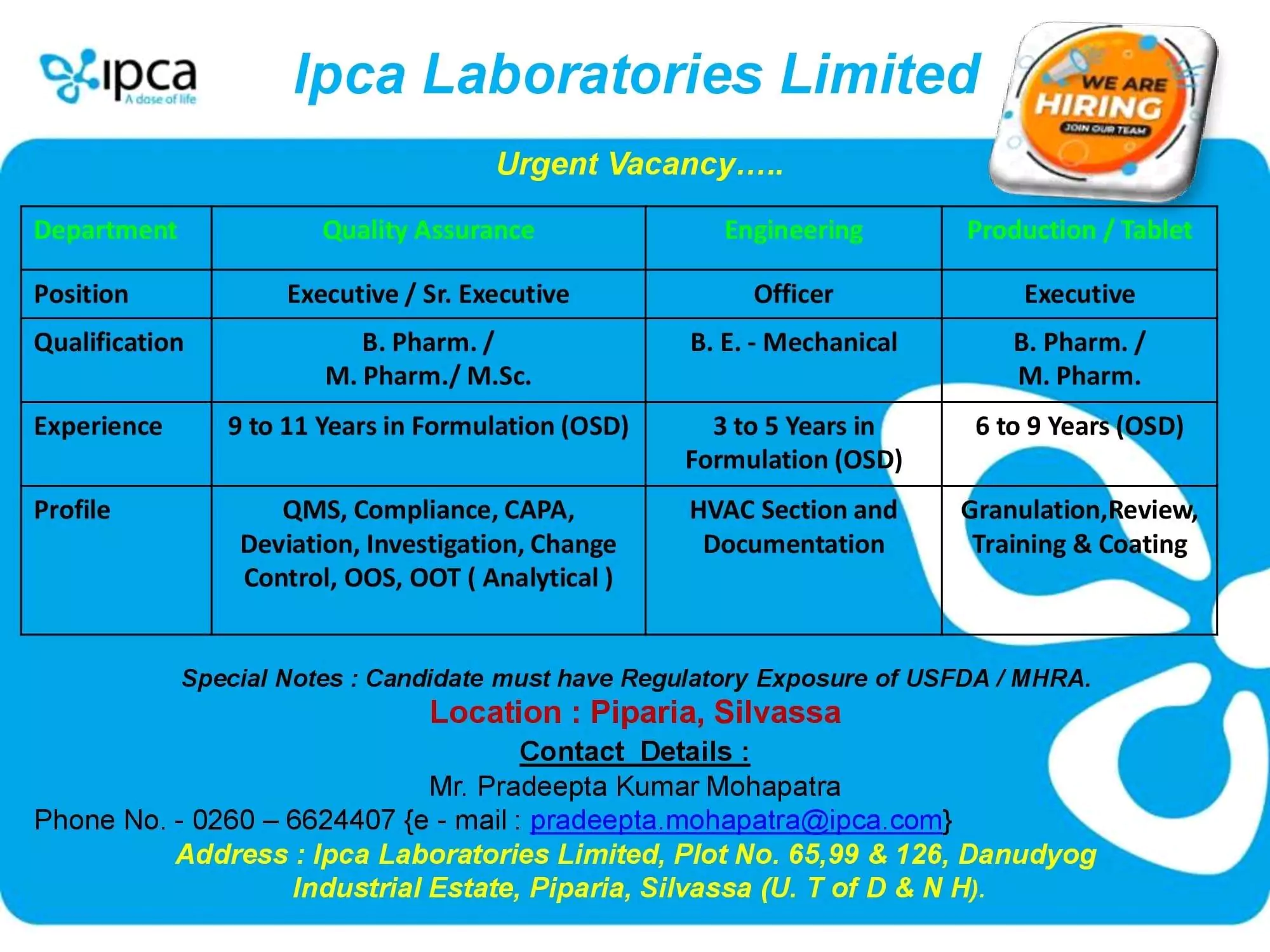 ipca laboratories qc tablet production pharmaceutical engineering jobs 2022