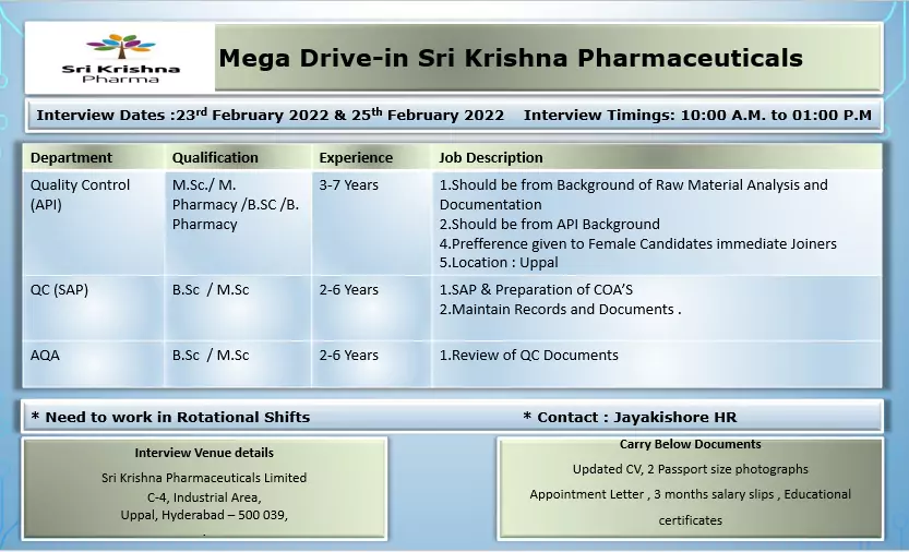 srikrishna pharma mega walk in drive for qc aqa departments
