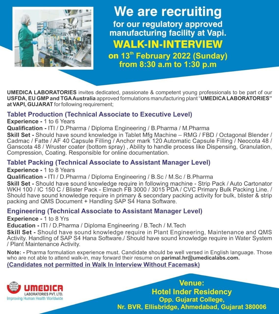 %titl umedica laboratories walk in interview for tablet production packing engineering b pharmacy m pharm diploma b tech candidates 2022